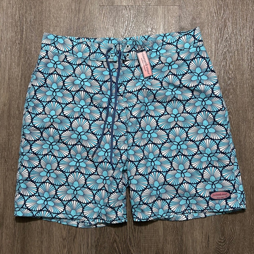 Vineyard Vines Board Shorts 34 Blue Floral Shell Print Swim Trunks New NWT